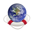 Earth globe in lifebuoy over white