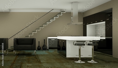 Illustration: Wohndesign - schwarze Küche im Loft Wohndesign - schwarze Küche im Loft