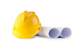 Hard hat and drawings isolated on white