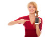 young woman showing a finger on the smartphone