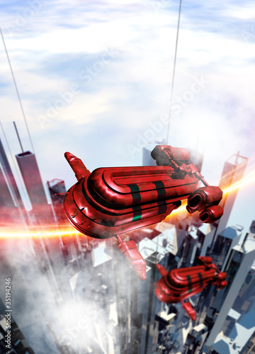 Illustration: Spaceship flying over a futuristic city Spaceship flying over a futuristic city