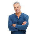 Portrait of smart senior man smiling on white
