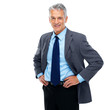 Happy business man standing with hands on hips