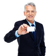 Happy businessman showing a empty card with copyspace