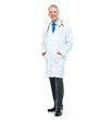 Happy mature doctor standing isolated on white