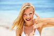 Positive woman with call me sign