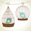 Vintage card with two cute birds in retro cages
