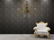 Royal interior. Golden chandelier with luxurious armchairs on bl Royal interior. Golden chandelier with luxurious armchairs on bl