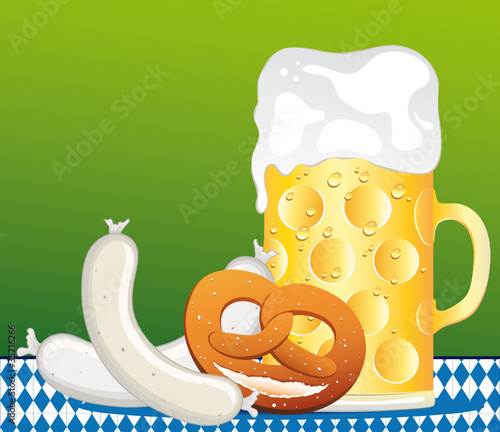 Vektor: Oktoberfest Zunft mit Weißwurst, Brezel und Biermaß Oktoberfest Zunft mit Weißwurst, Brezel und Biermaß