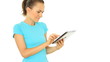 Video: Happy attractive woman with tablet computer, isolated Happy attractive woman with tablet computer, isolated