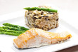 baked salmon with mushroom risotto and green asparagus baked salmon with mushroom risotto and green asparagus