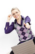 sitting young businesswoman with a notebook