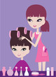 Girl with hair in curlers and the hairdresser. vector