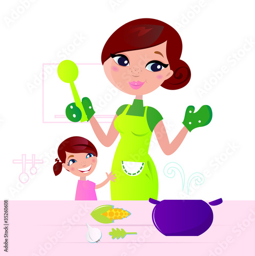 Vector: Mother cooking healthy food with child in kitchen . Mother cooking healthy food with child in kitchen .
