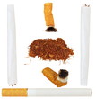 Set of cigarettes, tobacco, cigarette butts isolated on white