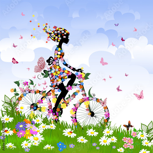 Vector: Girl on bike outdoors in summer Girl on bike outdoors in summer