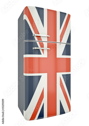 Illustration: Union Jack fridge. 3D render. Union Jack fridge. 3D render.