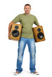 Young man with two speakers isolated Young man with two speakers isolated