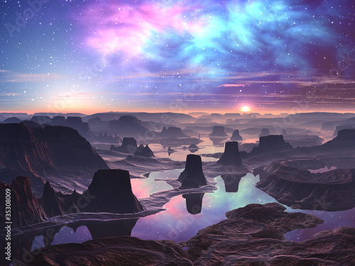 Illustration: Gaseous Aurora over Mountainous Alien Landscape Gaseous Aurora over Mountainous Alien Landscape