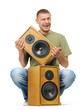 Man with two wooden speaker on white background Man with two wooden speaker on white background