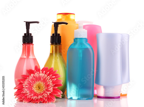 Photo: bottles of health and beauty products on white background bottles of health and beauty products on white background