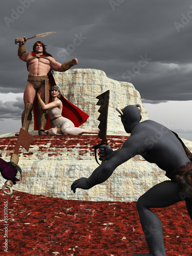Illustration: Warrior defends female companion Warrior defends female companion