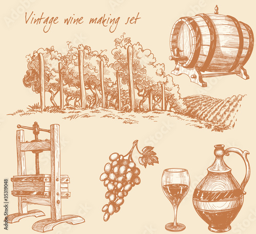 Vector: Vintage wine and wine making set Vintage wine and wine making set