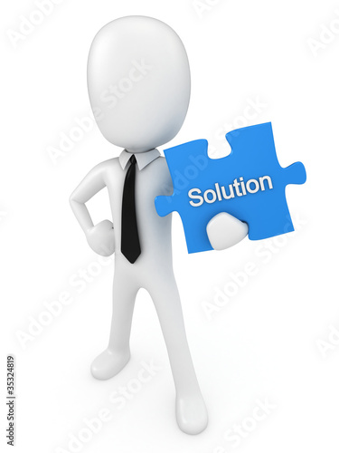 Illustration: 3D Render of a business man holding a puzzle piece 3D Render of a business man holding a puzzle piece