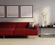 Illustration: Modern interior, red sofa, frames table on wood floor Modern interior, red sofa, frames table on wood floor