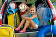 Girl with dog ready for travel for summer vacation Girl with dog ready for travel for summer vacation