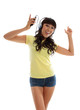 Vivacious girl listening to music and dancing