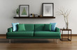 Illustration: Modern interior, green sofa, frames table on wood floor Modern interior, green sofa, frames table on wood floor