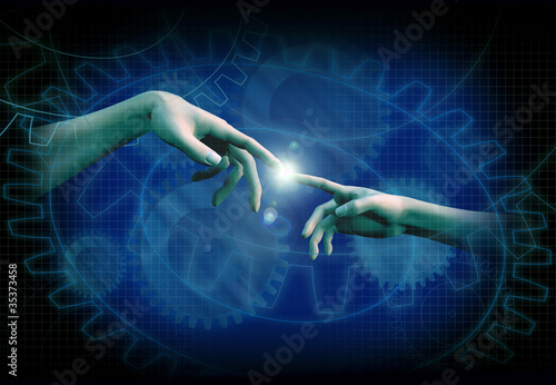 Illustration: michelangelo's hands with gear wheels michelangelo's hands with gear wheels