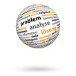 3D Kugel, Problem, Analyse, Lösung, Wortwolke, schwebend