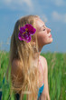 happy woman on green grass on background