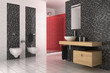 modern bathroom with black, red and white tiles