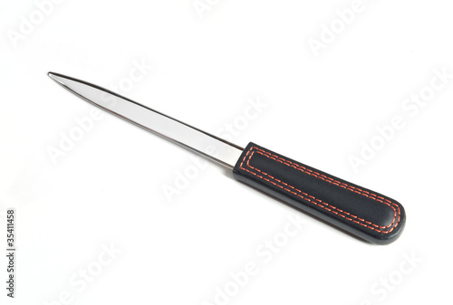 Photo: Letter opener knife with leather handle on white background Letter opener knife with leather handle on white background