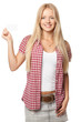 Smiling blond female in casual holding blank card