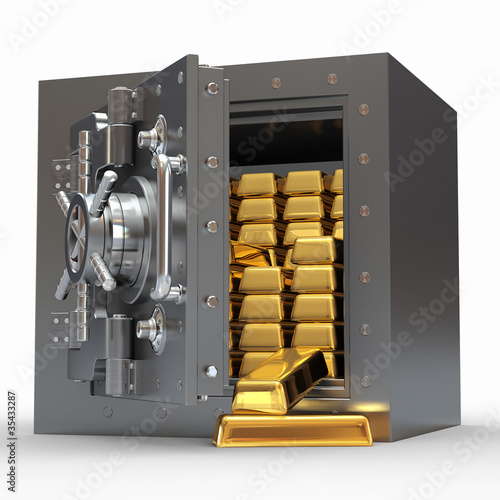 Illustration: Stack of golden ingots in bank vault Stack of golden ingots in bank vault
