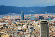 panorama of Barcelona with a kind on a tower and the Pyrenees mo panorama of Barcelona with a kind on a tower and the Pyrenees mo