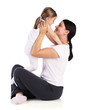 Photo: Young beautiful mom holding small daughter. Isolated Young beautiful mom holding small daughter. Isolated