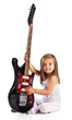 Photo: Small child hold red acoustic guitar. Music concept. Isolated Small child hold red acoustic guitar. Music concept. Isolated