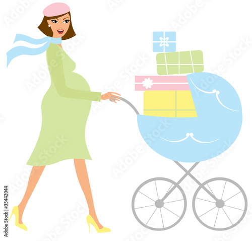 Illustration: Young attractive pregnant woman with a stroller Young attractive pregnant woman with a stroller