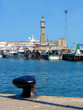 port in barcelona with  fishing ships and a tower with hours. Po