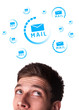 Young head looking at support contact type of icons and signs Young head looking at support contact type of icons and signs