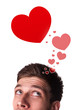 Young head looking at love type of icons
