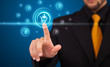 Businessman pressing virtual promotion and shipping type of icon