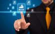 Businessman pressing virtual promotion and shipping type of icon