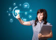 Foto: Businesswoman pressing virtual messaging type of icons Businesswoman pressing virtual messaging type of icons