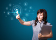 Businesswoman pressing modern business type of buttons
